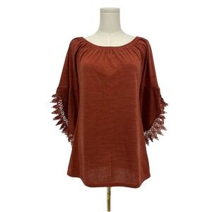 Boho Knit Tunic Top Rust Lace Flared 3/4 Sleeve Flowy Stretch Festival M Fairy